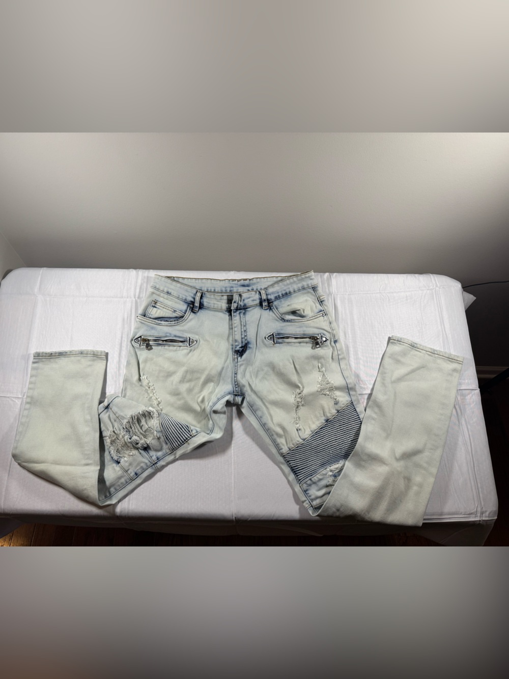 Balmain Light Blue and Black Denim Jeans with Gold Stitching